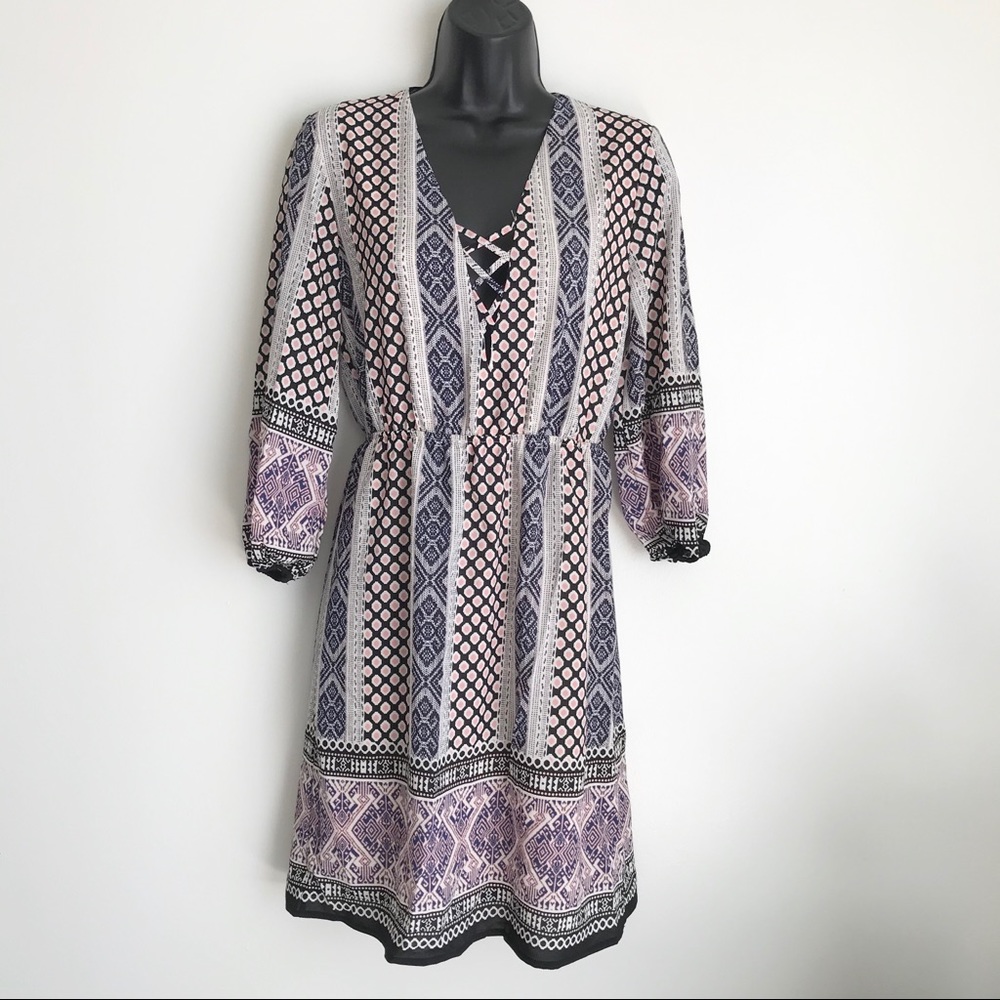 NWT Fraiche by J Boho V Neck Printed Blue Dress S